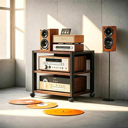 3 Tier AV Media Stand, Audio Rack Tower Stereo Components Cabinet, Home Theatre CD Record Player Stereo Receiver Equipment Rack with Adjustable Wood Shelves, Load 220lbs (Walnut Brown)