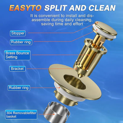 Sink Stopper Hair Catcher, Pop-up Sink Drain Strainer with Removable Stainless Steel Strainer Basket Hair Catcher, Bathroom Sink Strainer for Bathroom Sink Stopper Replacement (4, Brushed Gold)