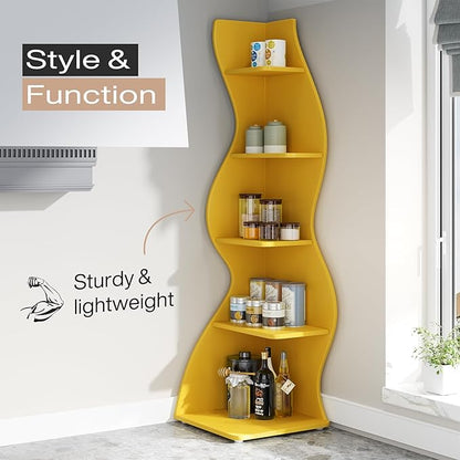 Tribesigns Corner Shelf, Modern 5-Tier Wall Corner Bookshelf, Stylish Corner Small Bookcase Storage Rack Plant Stand with Unique Shape for Living Room, Home Office (Yellow, 1PC)