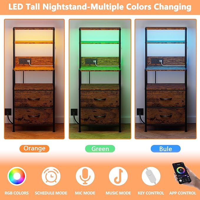 Furnulem Night Stand, Tall Nightstand with 4-Tier Shelves, 2 Fabric Drawers and LED Lights, Bed Side Tables with Charging Station, Bedside Table for Bedroom, Office, Rustic Brown