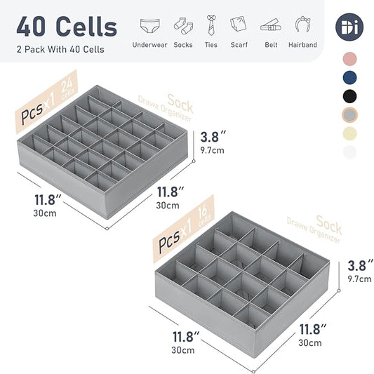 Joyoldelf Sock Organizer Drawer Organizer - Underwear Organizer, Collapsible Closet Organizers and Storage Sock Holders Organizers for Storing Socks, Ties, Belts 2 Pack(Gray)