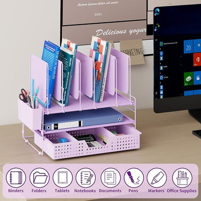 Desk Organizer, Office Organization with Vertical File Holder, File Organizer with Drawer and Pen Holder, Desk Accessories and Workspace Organizers for Home Office (Purple)