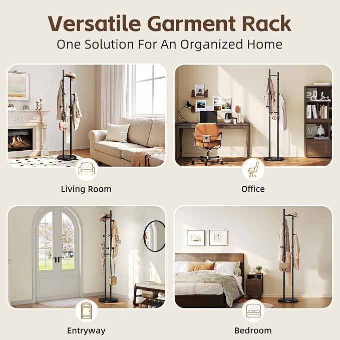 Uniclinens Wood Coat Rack Freestanding - Heavy Duty Freestanding Coat Rack, Wooden Coat Stand with 6 Hooks Creative Tree Branch-look for Entryway, Hallway, Bedroom (Black)