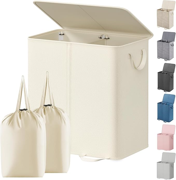Lifewit Double Laundry Hamper with Lid and Removable Laundry Bags, Large Collapsible 2 Dividers Dirty Clothes Basket with Handles for Bedroom, Laundry Room, Closet, Bathroom, College, 136L Ivory White