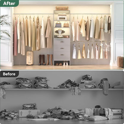 Besiost 96'' Closet Organizer System with 3 Hanging Rods, 8FT Closet Organizers and Storage with 3 Wooden Drawers, Built in Closet Organizer Systems, Adjustable Walk-in Wardrobe from 5-8FT, Grey