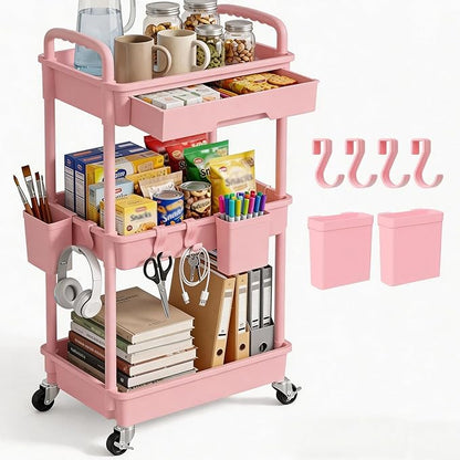 3 Tier Rolling Utility Cart with Drawer, Plastic Storage Organizer Rolling Carts with Wheels Handles Hanging Cups Hooks for Office, Bathroom, Kitchen,Craft Art Room (Pink)