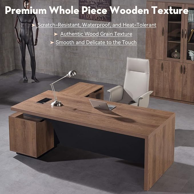 Retractable L-Shaped Executive Desk, Modern Office Desk with Drawers and Lateral File Cabinet, Large Computer Desk with Storage Shelves, Workstation for Home Office (Right Return, 70.86 - 78.7 IN)