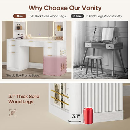 51.2" Fluted Makeup Vanity Desk with Large 30.3" Mirror and Lights, 5 Drawer Vanity with Power Strip, 6 Open Shelves, 2 Cabinet，Modern Dressing Table with Solid Wood Legs for Bedroom, White