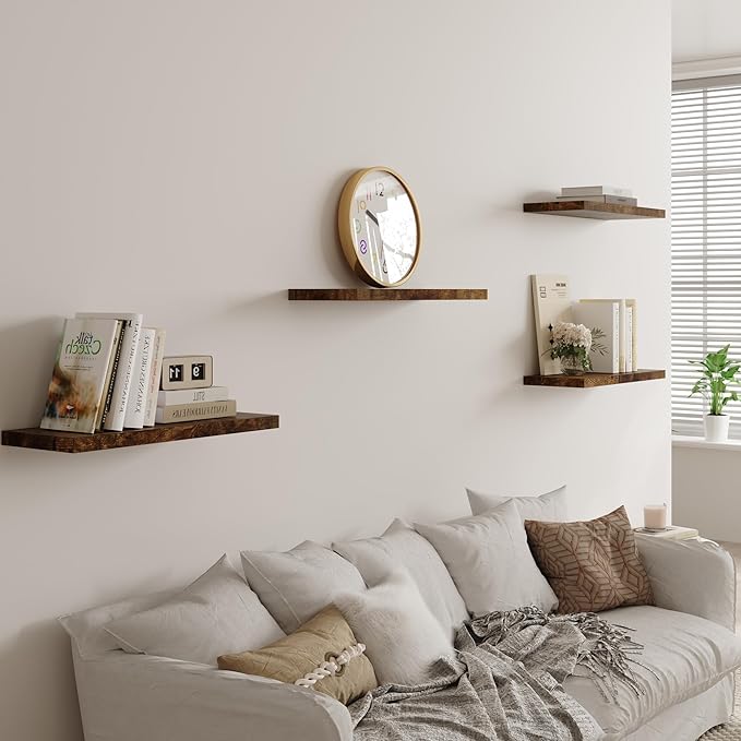 JPND Wall Shelf Set of 2, Rustic Brown Floating Shelves 36 in W x 10 in D x 1 in H, Wooden Floating Wall Shelf with Invisible Brackets for Living Room/Bedroom/Bathroom/Kitchen Storage and Decor