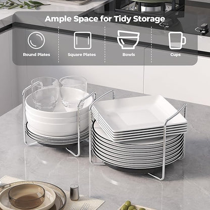 Adjustable Dish Rack for Kitchen Counter - Bamboo Plate Holder Organizer for Cabinet Wooden Bowl Organizer Stainless Steel Plate Stand Storage for Kitchen Drawer Countertop Cupboard Shelf RV