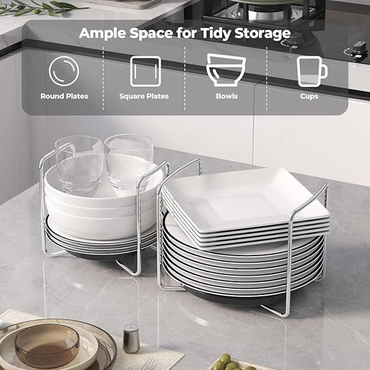 Adjustable Dish Rack for Kitchen Counter - Bamboo Plate Holder Organizer for Cabinet Wooden Bowl Organizer Stainless Steel Plate Stand Storage for Kitchen Drawer Countertop Cupboard Shelf RV