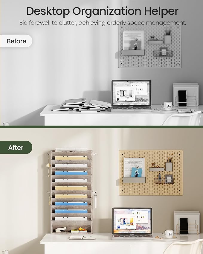CHOEZON Wall File Organizer, 10-Tier Hanging Mail Organizer, Wall Mount File Holder with 4 Side Hooks, Industrial Mail and Storage Organizer, Wooden Vertical Hanging Holder for Office, Greige MWJ03FH