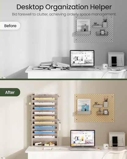 CHOEZON Wall File Organizer, 10-Tier Hanging Mail Organizer, Wall Mount File Holder with 4 Side Hooks, Industrial Mail and Storage Organizer, Wooden Vertical Hanging Holder for Office, Greige MWJ03FH