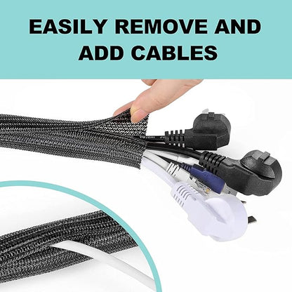 AGPTEK Cable Sleeve Cover, 10ft - 1.5 inch Desk Cord Organizer Cable Hider, Home Office Wire Management Computer TV Wire Loom Tubing, Pet Proof Cord Protector, from Cat Dog Chewing, Black