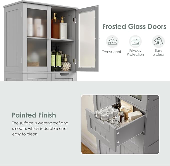BOTLOG 67'' Tall Bathroom Storage Cabinet, Kitchen Pantry Cabinet with Glass Doors and Adjustable Shelves, Kitchen Cupboard with 2 Drawers for Bathroom, Dining Room, Grey