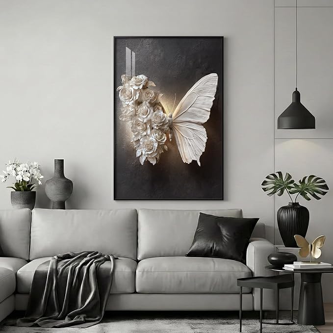 Framed Black and White Butterfly Wall Art, Modern Elegant Prints Paintings Artwork for Walls, Romantic Butterfly and Floral Pictures for Living Room Dining Room Bedroom Lounge Wall Decor 24x36 In