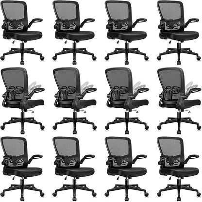 Desk Chairs with Wheels, Ergonomic Mesh Office Chair Adjustable Height and Swivel Lumbar Support Home Office Chair with Flip Up Armrests, Set of 12