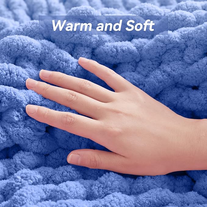 Negwoo Chunky Knit Throw Blanket, 80''*90'' Knitted Throw Chenille Yarn for Bed Couch, Handmade Light Blue Crochet Big Thick Blanket, Machine Washable Cute Comfy Blanket for Home Decor