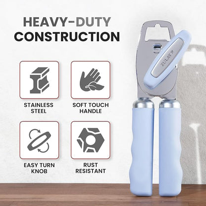 Zulay Kitchen Heavy Duty Stainless Steel Can Opener Manual with Bottle Opener - Rust Proof Manual Can Opener With Turn Knob & Comfy Soft Grip Handles - Light Blue