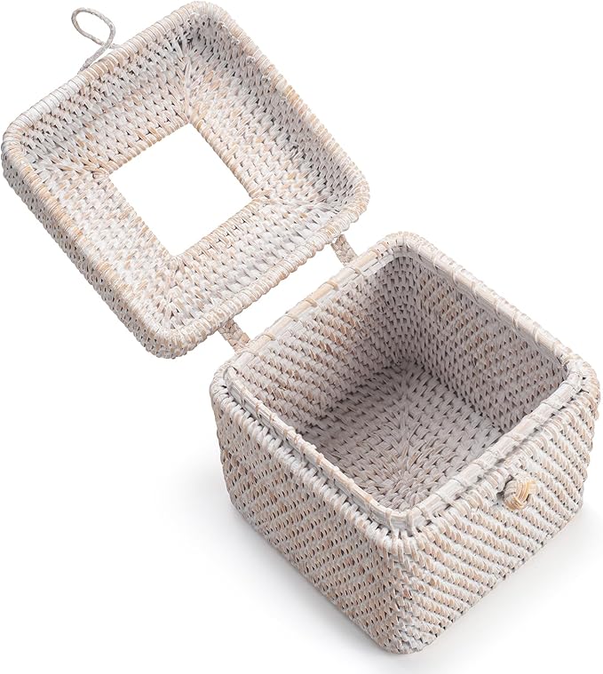 Rattan Tissue Box Cover Natural Woven Facial Napkin Holder Square with Lid 5.7 x 5.7 x 5.5 Inch (White)