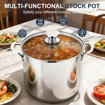 P&P CHEF 12 Quart Stainless Steel Stock Pot with Lid, Large Stockpot for Cooking Pasta Soup, Cookware for Induction Gas Electric Stoves, Visible Lid & Measuring Markings, Dishwasher Safe