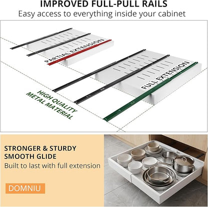 DOMNIU 2 Pack Pull Out Cabinet Organizers Expandable Width (12.4''-20.27''), Upgrade 3 Slide Rails Sliding Drawer for Kitchen Cabinet Organizer with Adhesive Nano Film, White