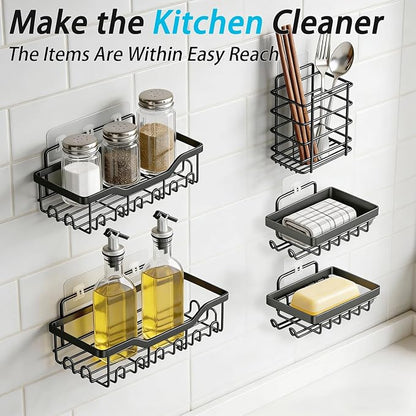 Fammart Adhesive Shower Caddy, 5-Pack Rustproof Stainless Steel Bathroom Organizer with 28 Hooks, No-Drill Large Capacity Shower Shelves for Bathroom Storage & Home Décor, Black