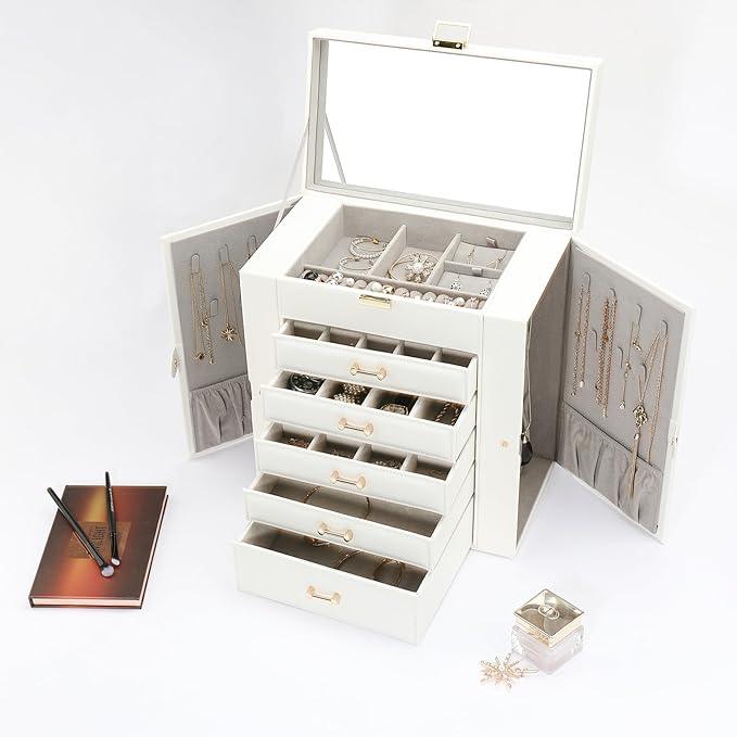 Jewelry Box for Women, Large Jewelry Organizer Tary, Jewelry Holder Organizers and Storage for Earring, Ring, Necklace, Bracelets(White)
