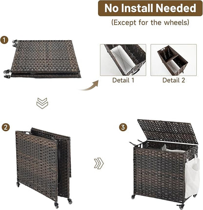 Laundry Hamper with Wheels, 34.3 Gallon(130L) Rolling Laundry Basket with Lid, Removable Large 2 Color Liners & 3 Mesh Laundry Bags, Clothes Hamper with Side Pocket, Brown
