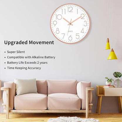 Foxtop 14 Inch Large Silent Non-Ticking Rose Gold Wall Clock Battery Operated Round Quartz Modern Wall Clock Decorative for Living Room Bedroom Kitchen Home Office