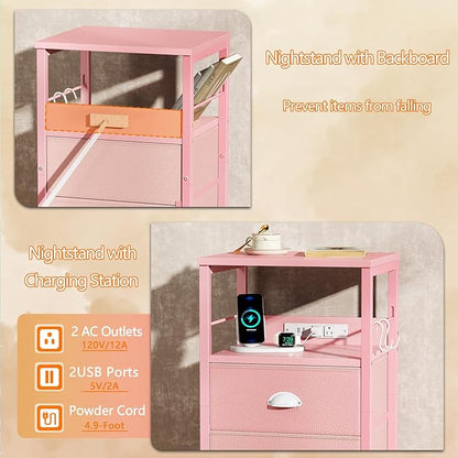 Furologee Nightstand with Charging Station, Night Stand with 2 Fabric Drawers, Side Table with USB Ports, End Table with Storage Shelf, for Living Room/Bedroom, Pink