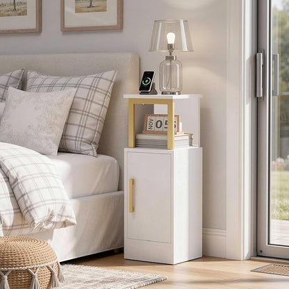 Narrow Nightstand, Bedside Table with Charging Station, Skinny End Table with Cabinet, Modern Night Stand for Small Spaces, Bed Side Cabinet for Bedroom, White and Gold ET27UDW