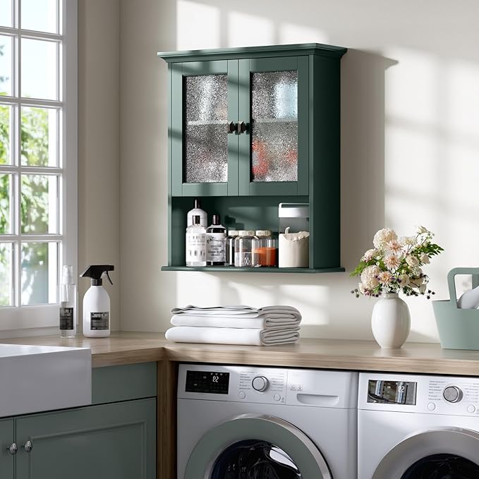 Medicine Cabinet Wall Mounted, Bathroom Storage Wall Cabinet with Tempered Glass Door Over Toilet Storage Cabinet Wall Mounted Organizer Above Toilet Storage Cabinet (Forest Green)