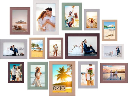 Funtopia 15 Pack Picture Frames, Gallery Wall Frame Set for Family, 8x10, 5x7, 4x6 Photo Frames Collage for Wall Hanging or Tabletop Display, 6 Colors