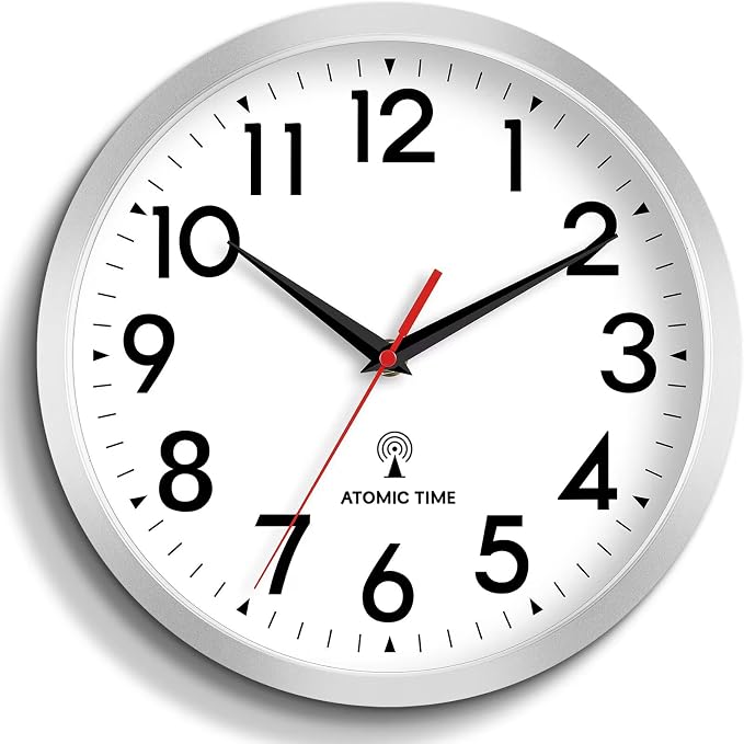 DAXSMY Atomic Wall Clock Analog 10 Inch Battery Operated Modern Decorative for Living Room Kitchen Office Bedroom Bathroom(Silver)