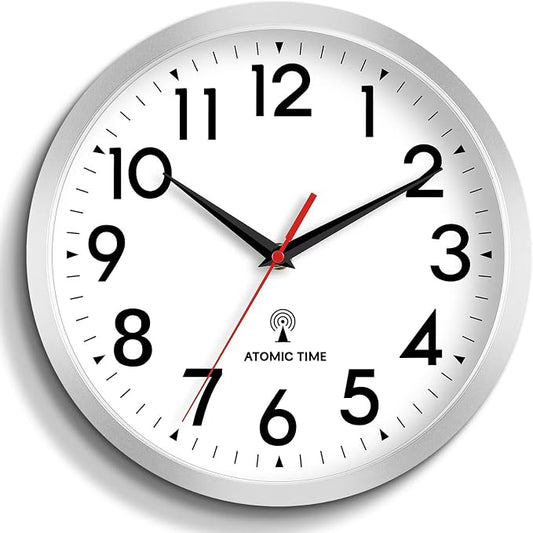 DAXSMY Atomic Wall Clock Analog 10 Inch Battery Operated Modern Decorative for Living Room Kitchen Office Bedroom Bathroom(Silver)