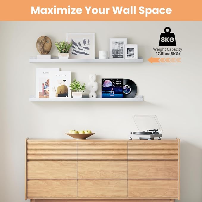 upsimples Floating Shelves for Wall, 47.3 Inch Shelves for Decor Storage Set of 6, Wall Mounted Wood Shelf for Bedroom, Living Room, Bathroom, Kitchen, Long Picture Ledge Shelves, White