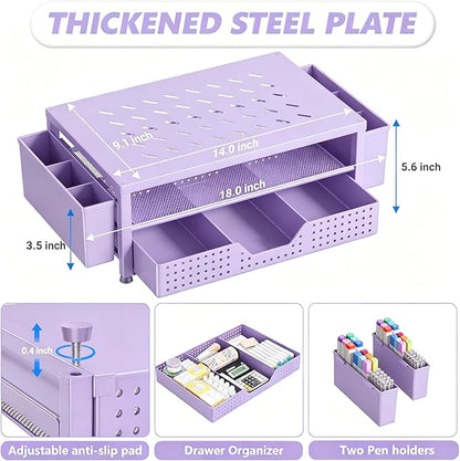 OPNICE Laptop Stand for Desk Organizer, Computer Monitor Stand Riser with Drawer and 2 Pen Holders, Ventilated Perforated Steel Top, Office Desk Accessories for Home Office Supplies, Purple