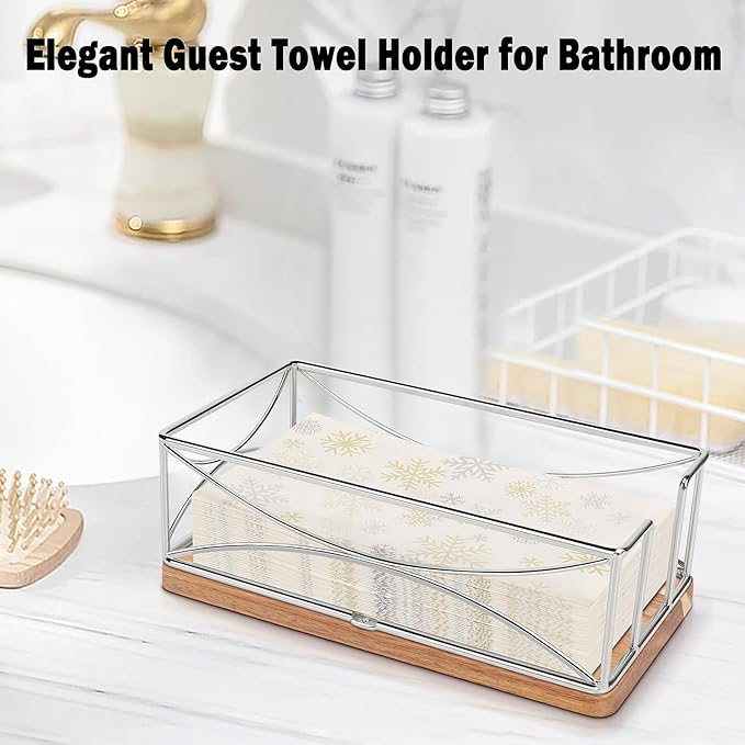 Livabber Guest Napkin Holder, Metal Bathroom Paper Hand Towel Storage Modern Napkin Tray Caddy for Countertop, Table Kitchen, Dinning Room (Chrome, Wooden Base)