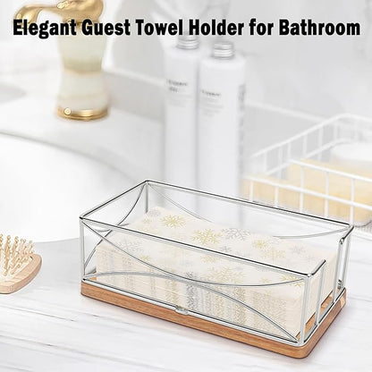 Livabber Guest Napkin Holder, Metal Bathroom Paper Hand Towel Storage Modern Napkin Tray Caddy for Countertop, Table Kitchen, Dinning Room (Chrome, Wooden Base)