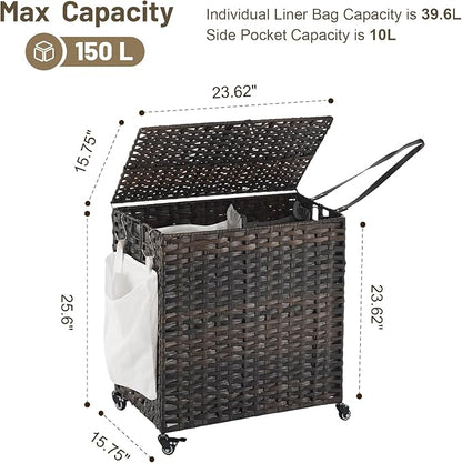 Laundry Hamper with Wheels, 39.6 Gallon(150L) Rolling Laundry Basket with Lid, Removable Large 2 Color Liners & 3 Mesh Laundry Bags, Clothes Hamper with Side Pocket, Brown