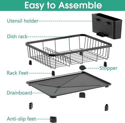 Hiviweer Dish Drying Rack - Space-Saving Dish Rack,Dish Racks for Kitchen Counter with Drainboard, Rustproof Dish Drainer with a Removable 4-Compartment Utensil Holder,Black