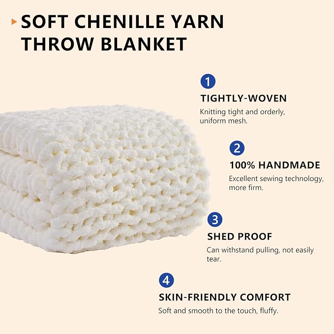 L'AGRATY Chunky Knit Blanket Throw: 80''x90'' Chenille Chunky Knitted Throw Blanket for Bed Couch - Handmade Thick Big Cable Knit Blanket - Large Chunky Crochet Blanket for Home Decor(Cream White)