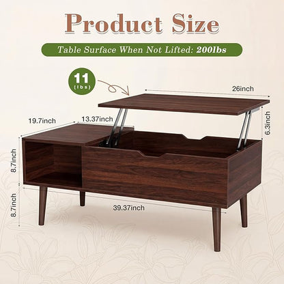 OLIXIS Wood Lift Top Coffee Table with Hidden Compartment and Large Storage Shelf, Lift Tabletop Dining Center Table for Home Living Room Office, Dark Brown