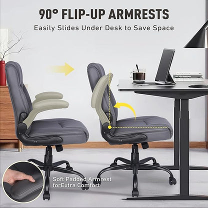 Home Leather Office Chair with Lumbar Support, 5" Padded Seat, Small Rocking Desk Chair, Comfy Computer Chairs with Rolling Wheels & Adjustable Arms for Adults, Grey
