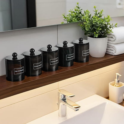 4 Pack Acrylic Qtip Holder Dispenser for Cotton Swabs, Balls, Pads, Floss Picks- Clear Acrylic Canister Apothecary Jar Set, Bathroom Essentials Accessories Decor Vanity Makeup Storage Organizer -Black