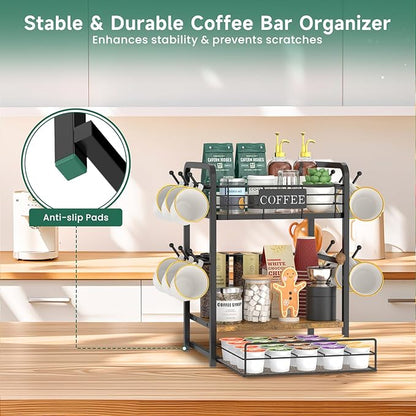 EsLuker.ly Coffee Bar Organizer Station Shelf Mug Holder, 3 Tier Coffee Cup Stand Rack for Countertop with 12 Hooks, K Cup Pod Organizer Drawer for Home Office, Keeps Essentials Tidy & Accessible