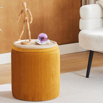 BLEXA Round Ottoman with Storage Set of 2-Upholstered Velvet Vanity Stool for Makeup Multifunctional Ottomans Coffee Table Padded Seat Foot Rest (Yellow-Upgrade Tray Lid)