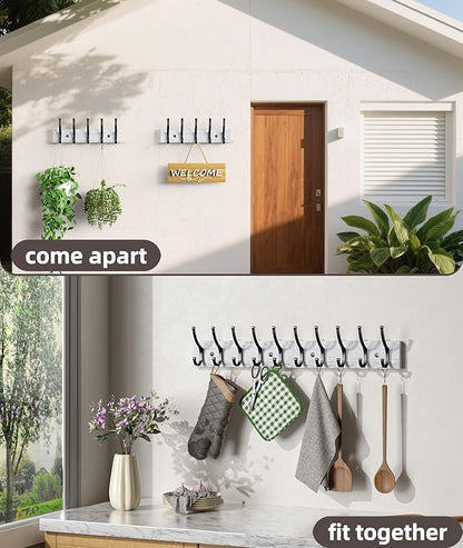 Optish 2 Pack Wooden Coat Rack Wall Mount, 16.1" Rustic Coat Hanger Hooks with 10 Double Hooks, Wall Coat Rack for Hat, Clothes, Bags, Jacket, Brown, White