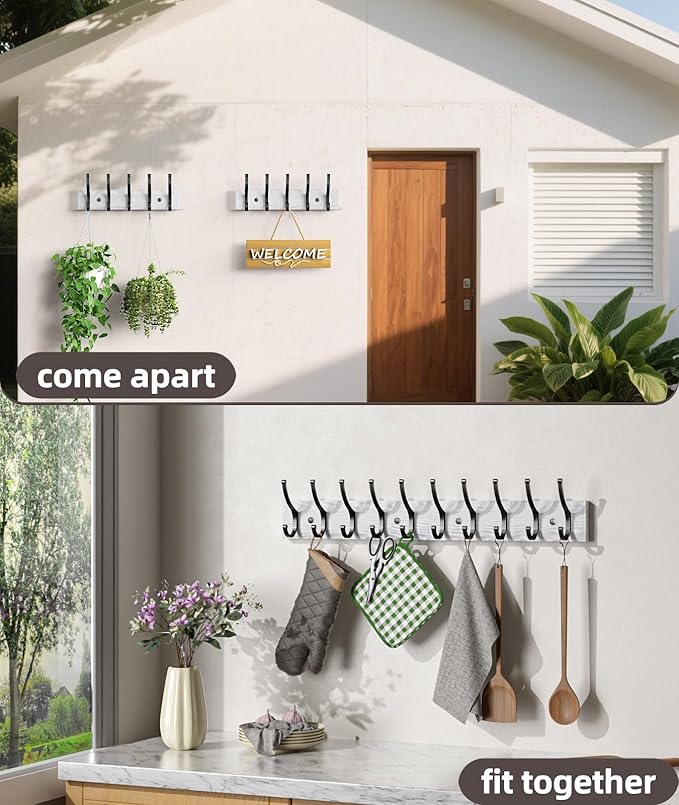Optish 1 Pack Wooden Coat Rack Wall Mount, 16.1" Rustic Coat Hanger Hooks with 5 Double Hooks, Wall Coat Rack for Hat, Clothes, Bags, Jacket, White